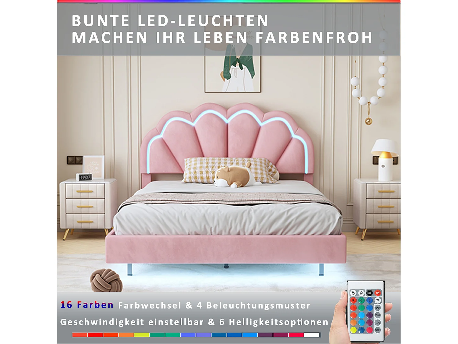 Tweepersoonsbed 140x200cm - LED fluwelen bed met lattenbodem en kroonhoofdeinde - Matras niet inbegrepen - Roze