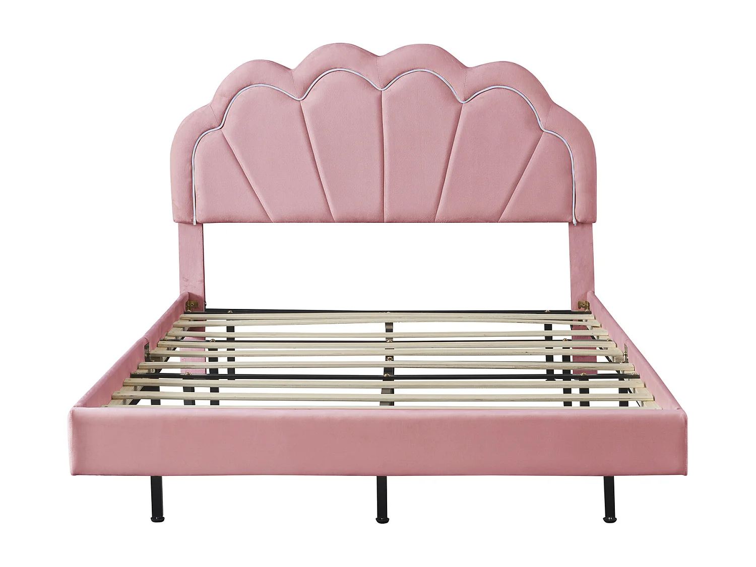 Tweepersoonsbed 140x200cm - LED fluwelen bed met lattenbodem en kroonhoofdeinde - Matras niet inbegrepen - Roze