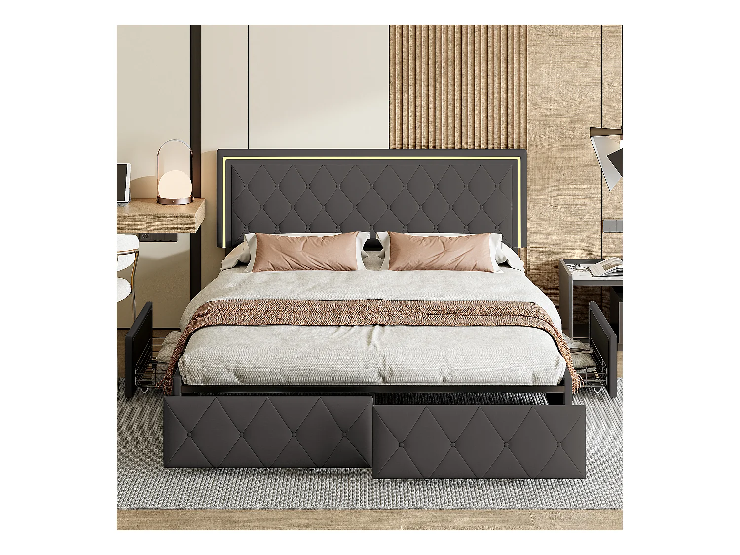 Gepolstertes Doppelbett 160x200cm mit 4 Schubladen und LED-Beleuchtung, Grau