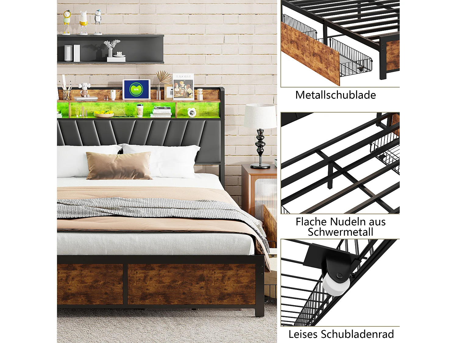 Lit double 180x200cm - avec sommier à lattes en métal et tête de lit LED de rangement - style industriel - lit en PU noir