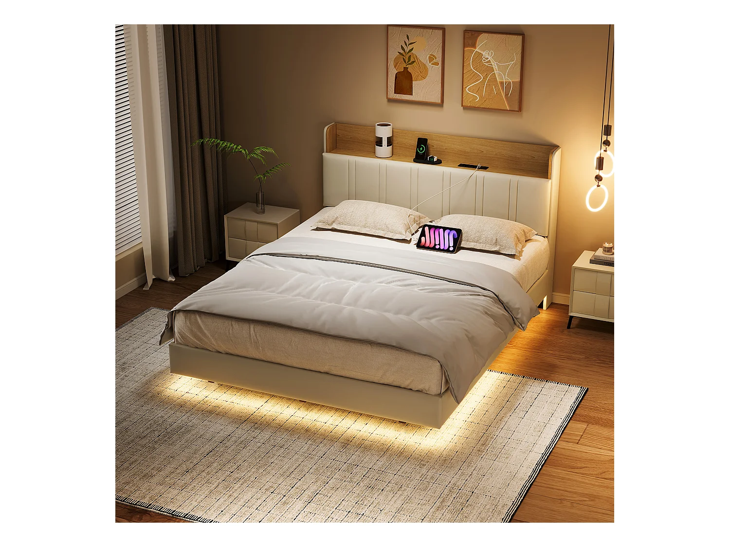 Letto matrimoniale sospeso di design con contenitore, LED multicolore e porte USB – 160x200 cm – Ecopelle bianca e rovere chiaro