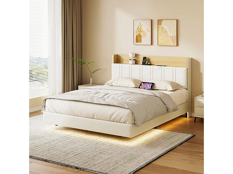 Lit double design suspendu avec rangement, LED multicolores et ports USB – 160x200 cm – Similicuir blanc & chêne clair
