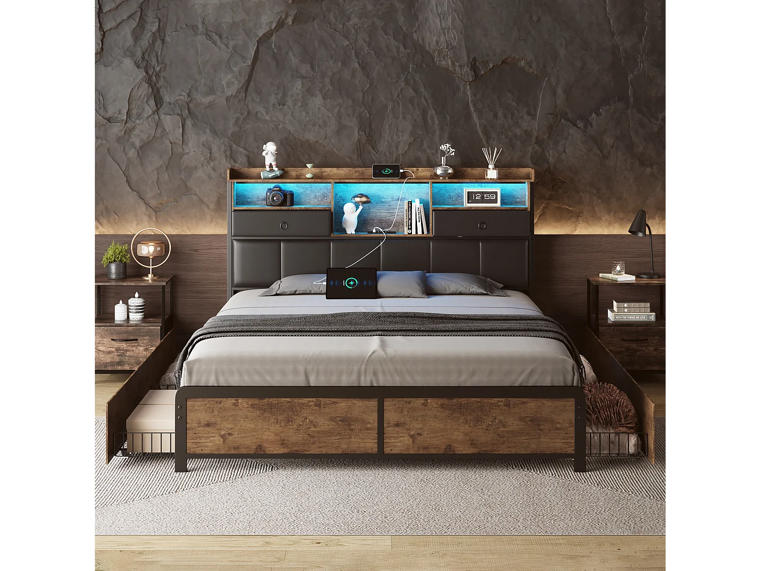 Lit adulte 160x200cm, lit double avec LED et tiroirs, lit en fer avec tête de lit et sommier à lattes, noir