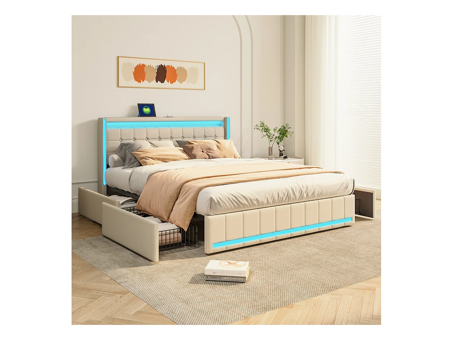 Cama estofada Cama de casal 140x200cm Bege com 4 gavetas com LED e USB