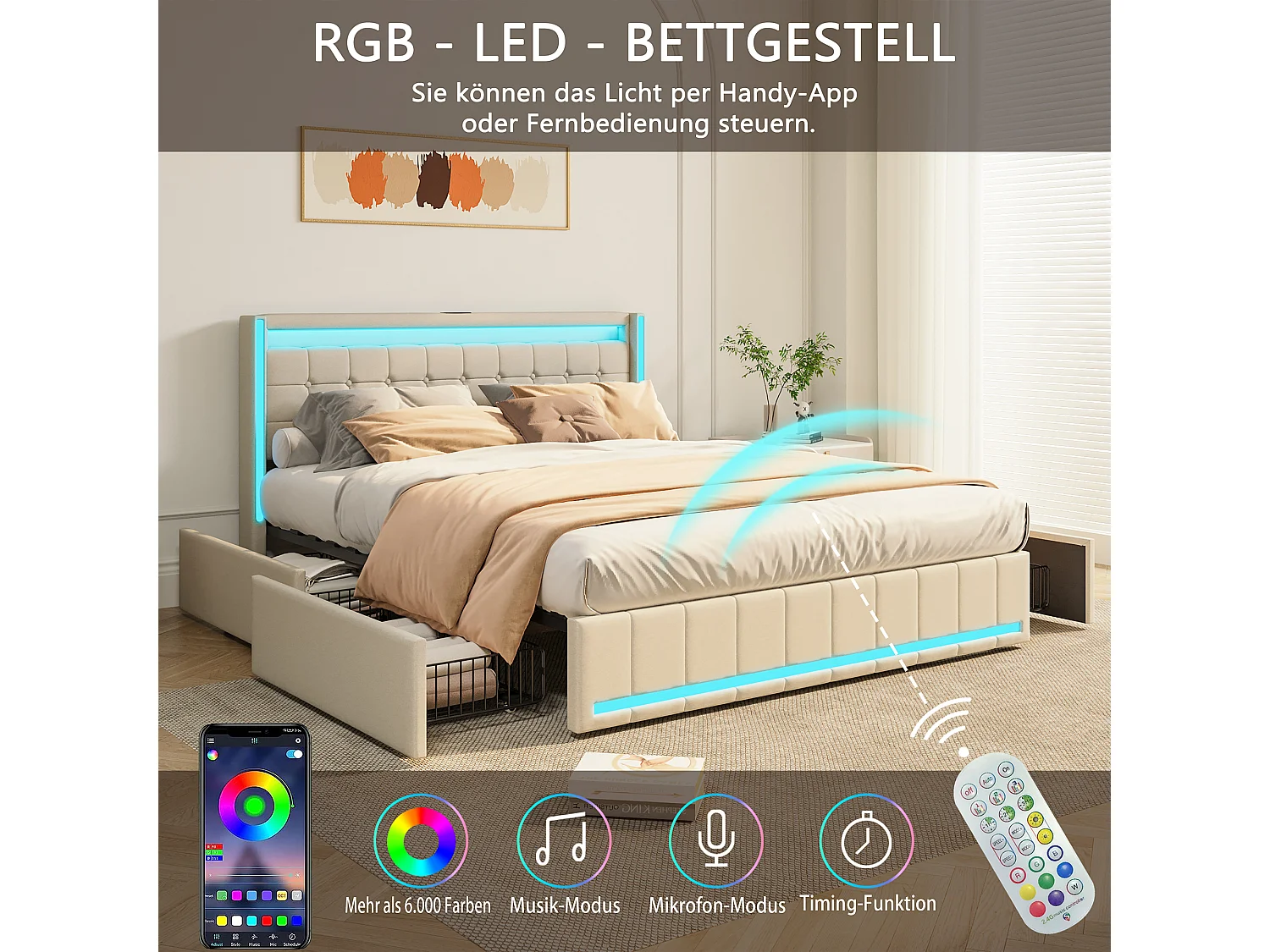 Cama estofada Cama de casal 140x200cm Bege com 4 gavetas com LED e USB
