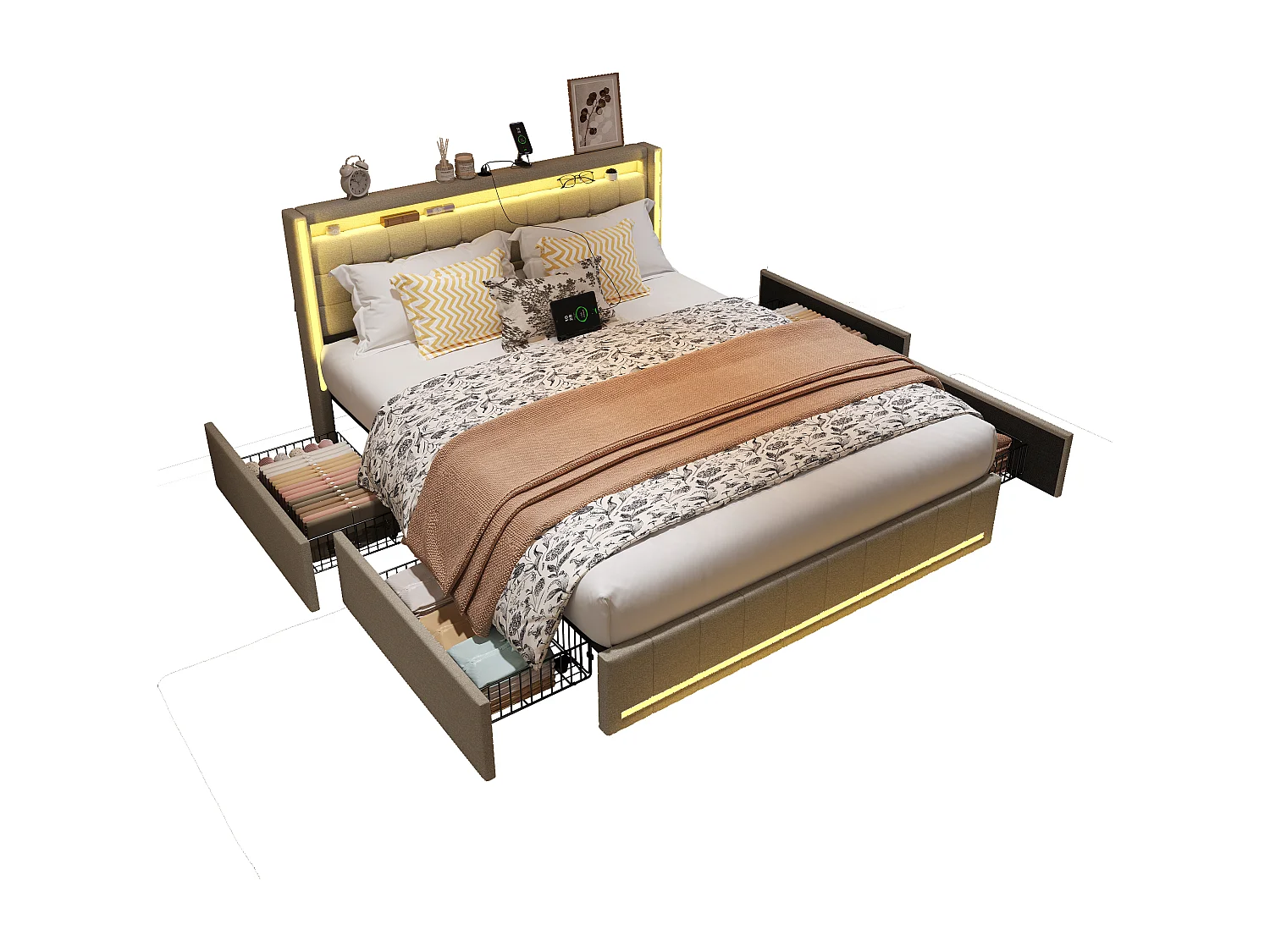 Cama estofada Cama de casal 140x200cm Bege com 4 gavetas com LED e USB