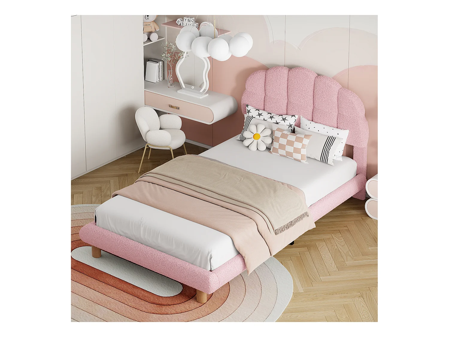 Letto singolo 90x201 cm, con testiera a cerchio marshmallow, letto imbottito in sherpa - Rosa