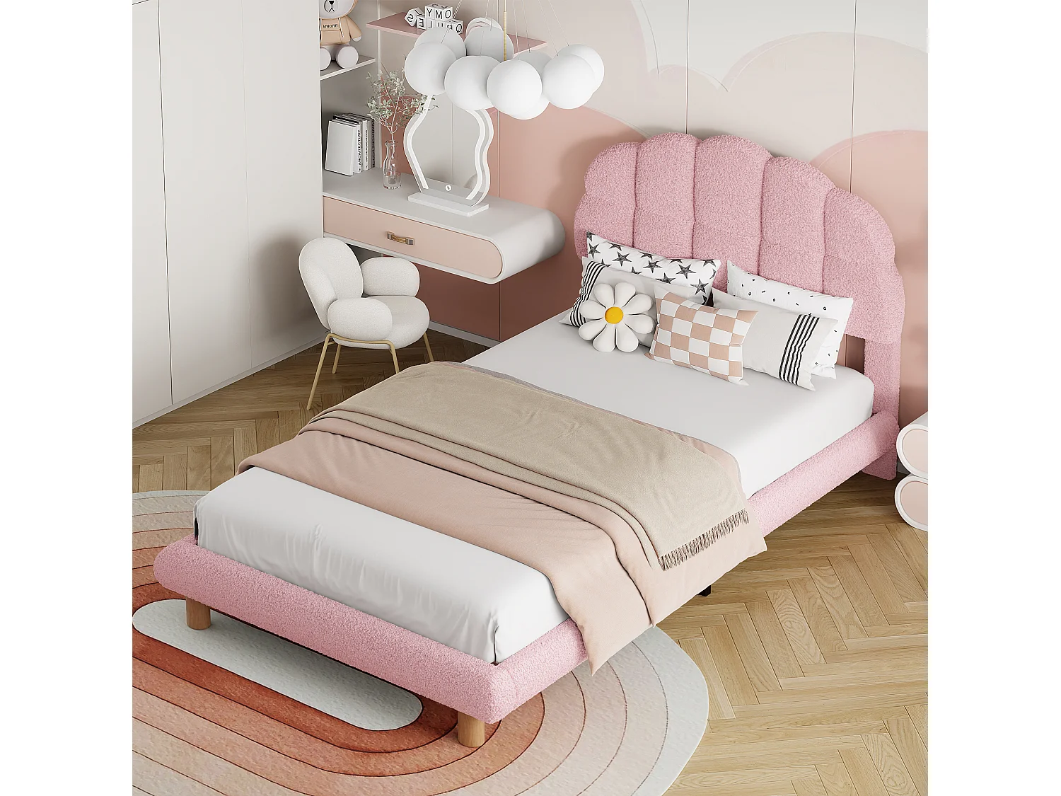 Einzelbett 90x201 cm, mit Marshmallow-Kreiskopfteil, gepolstertes Sherpa-Bett – Rosa