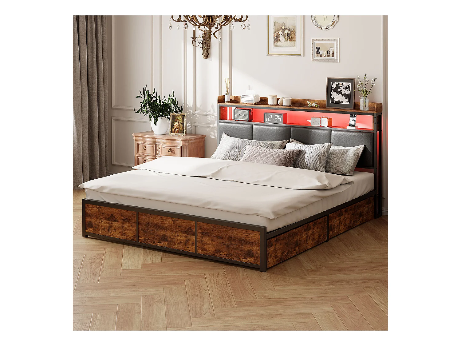 Tweepersoonsbed met lades 160x200 cm, hoofdbord met opbergruimte, LED-lichtbalk - Zwart