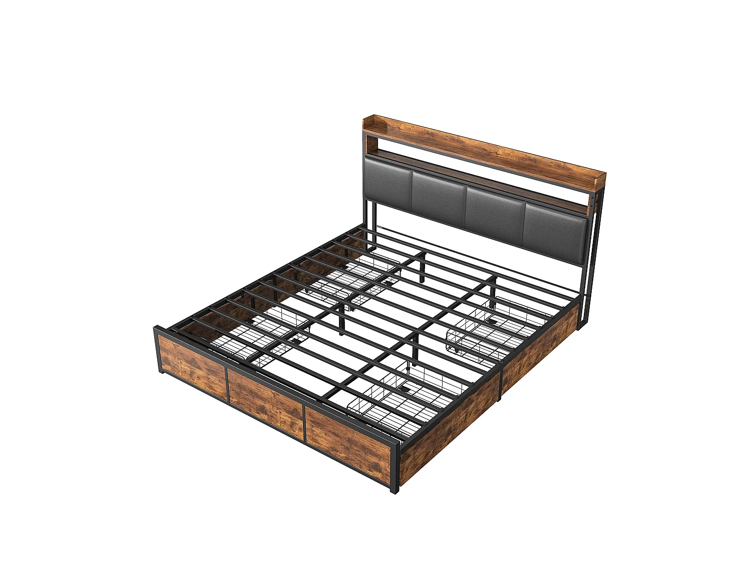 Tweepersoonsbed met lades 160x200 cm, hoofdbord met opbergruimte, LED-lichtbalk - Zwart