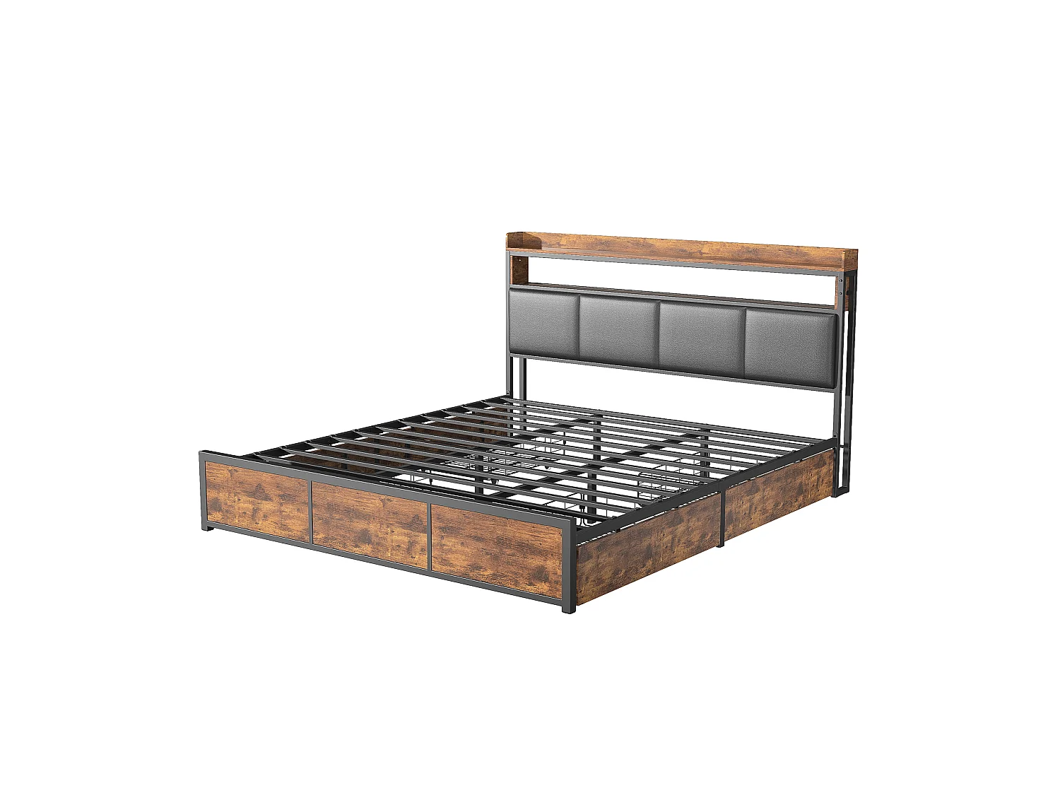 Tweepersoonsbed met lades 160x200 cm, hoofdbord met opbergruimte, LED-lichtbalk - Zwart
