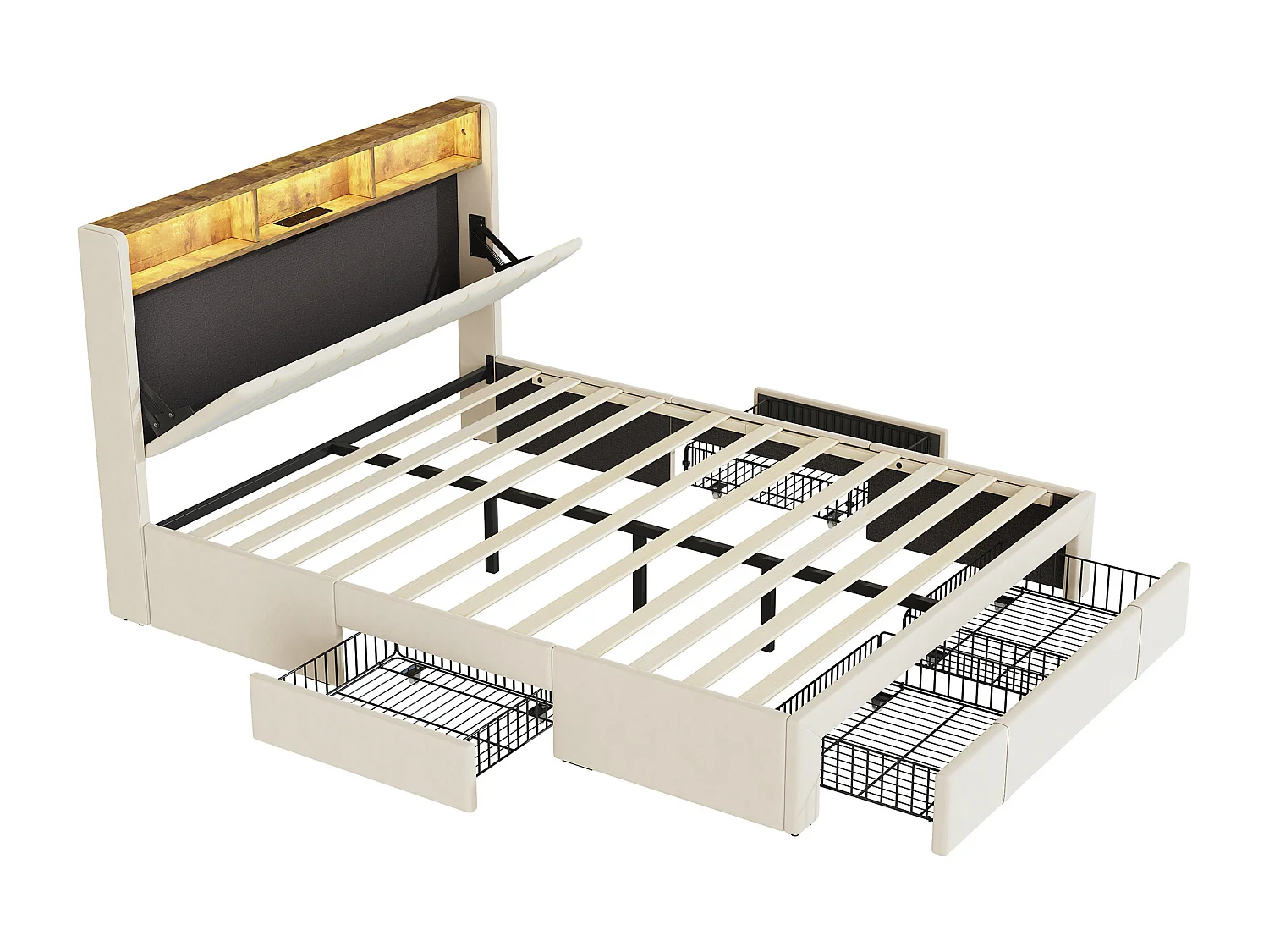 Lit double 160x200cm Beige Avec 4 tiroirs Avec LED et USB Tête de lit ouvrable