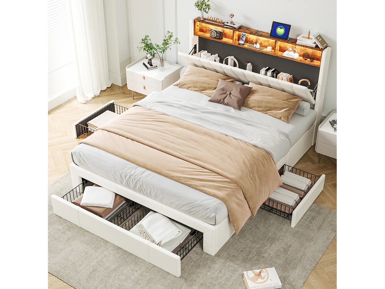 Lit double 160x200cm Beige Avec 4 tiroirs Avec LED et USB Tête de lit ouvrable