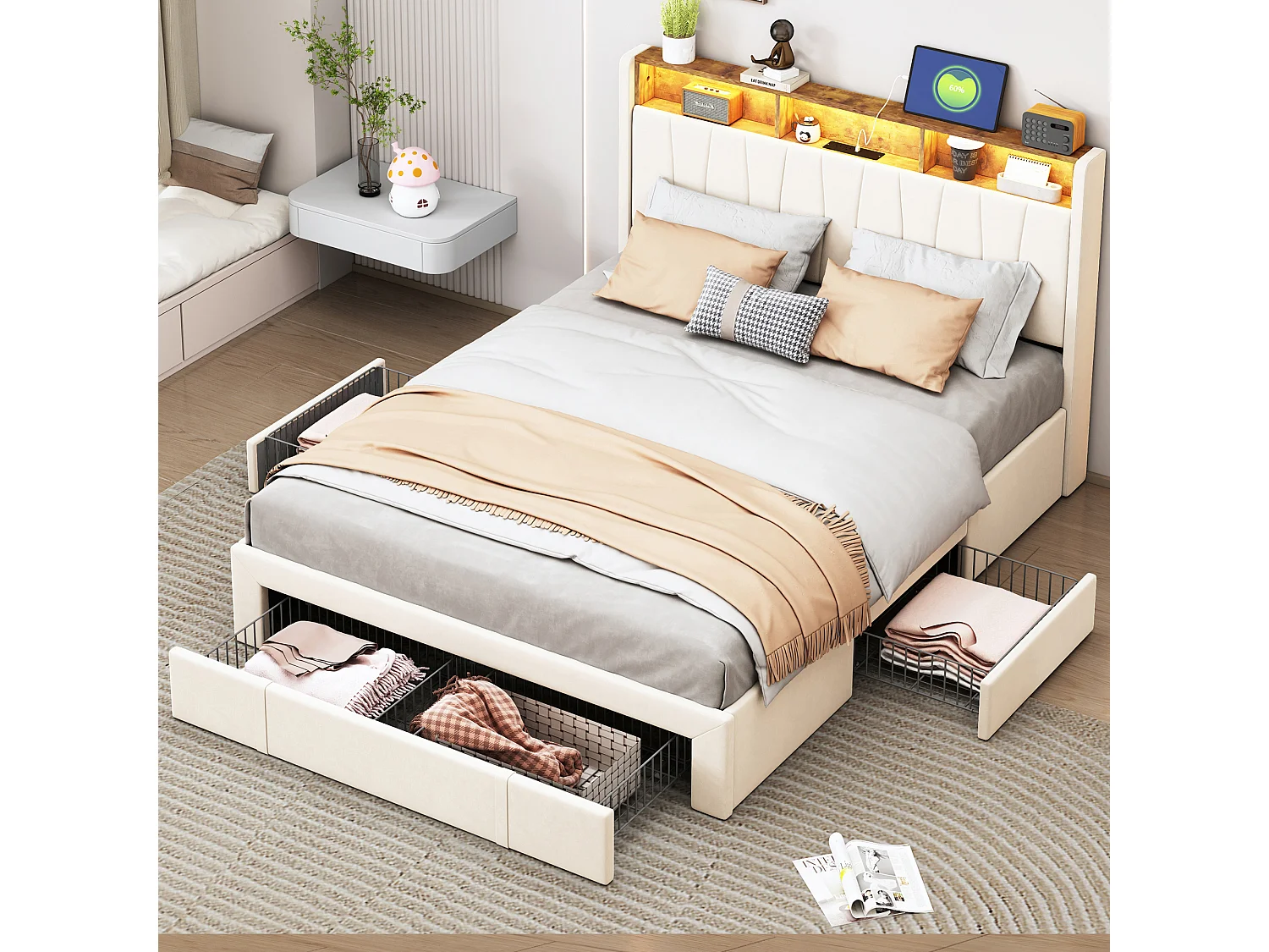 Lit double 160x200cm Beige Avec 4 tiroirs Avec LED et USB Tête de lit ouvrable