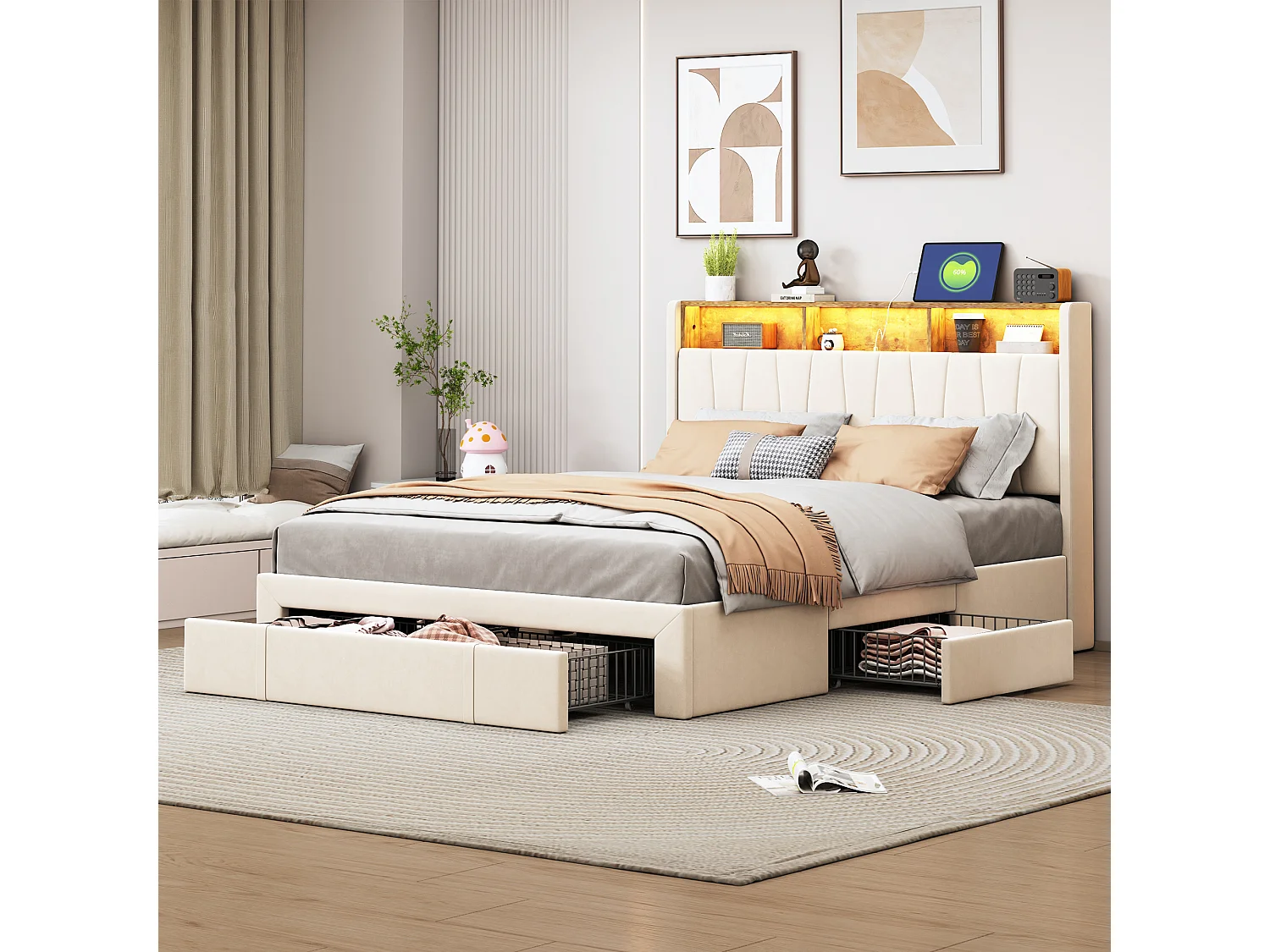 Lit double 160x200cm Beige Avec 4 tiroirs Avec LED et USB Tête de lit ouvrable