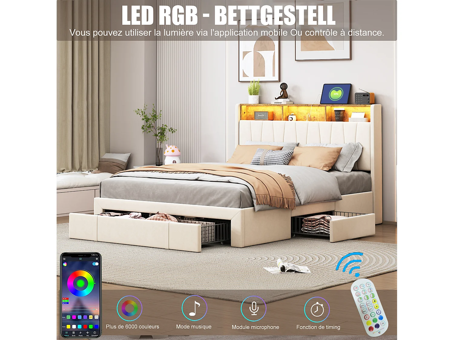 Lit double 160x200cm Beige Avec 4 tiroirs Avec LED et USB Tête de lit ouvrable