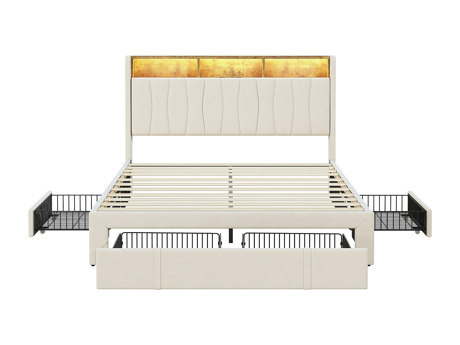 Lit double 160x200cm Beige Avec 4 tiroirs Avec LED et USB Tête de lit ouvrable