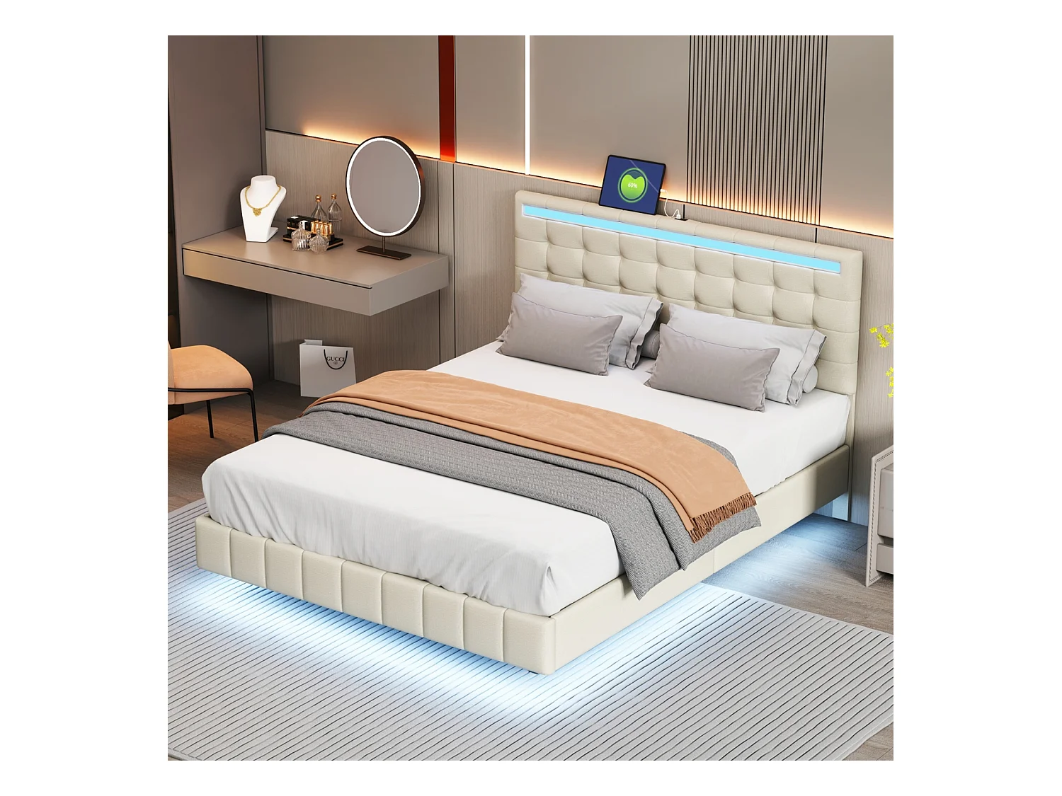 Cama tapizada con lámparas LED para adultos - estructura de cama flotante con somier de láminas y cabecero con 2 puertos USB - beige 140x200cm