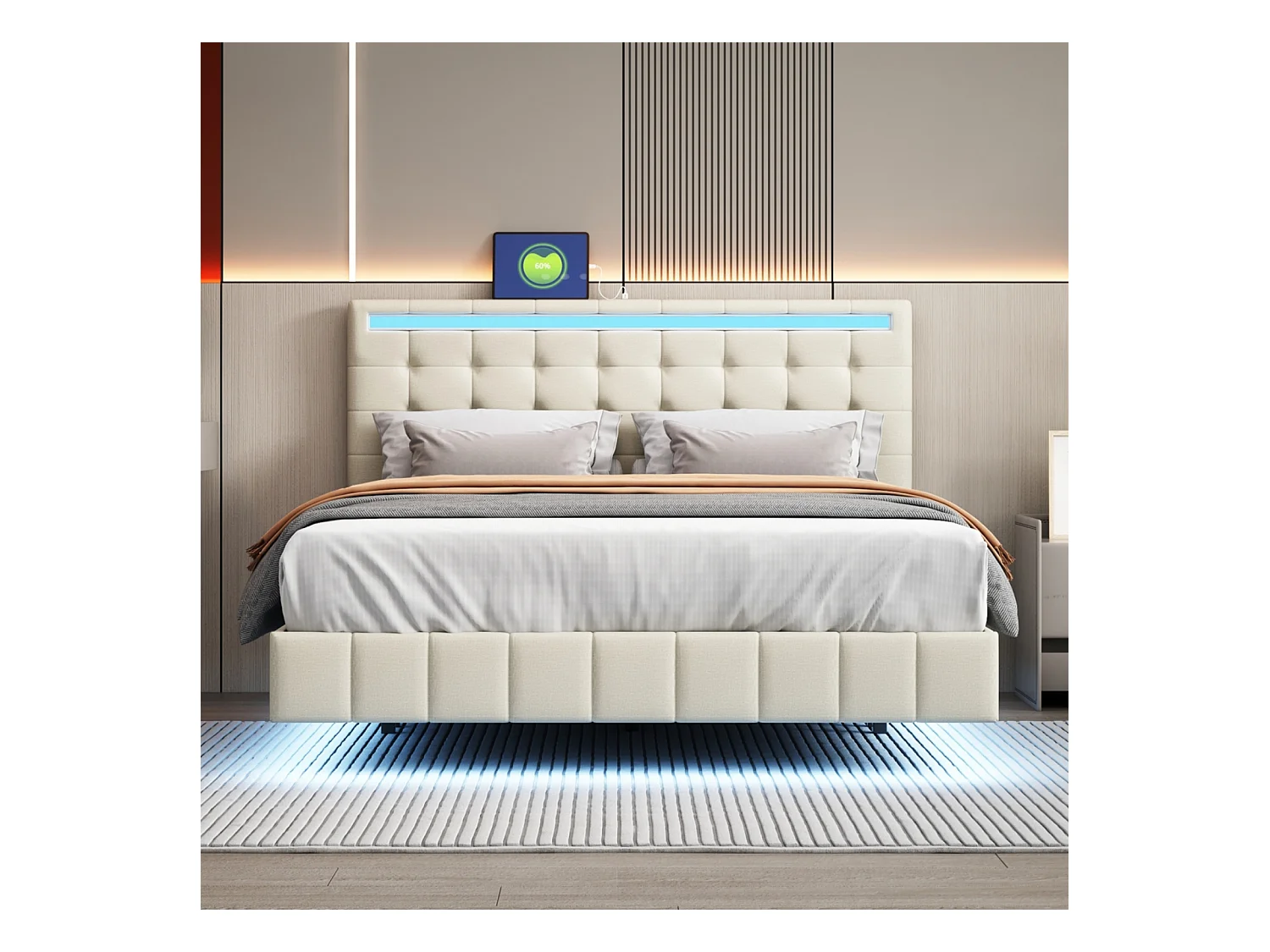 Cama tapizada con lámparas LED para adultos - estructura de cama flotante con somier de láminas y cabecero con 2 puertos USB - beige 140x200cm