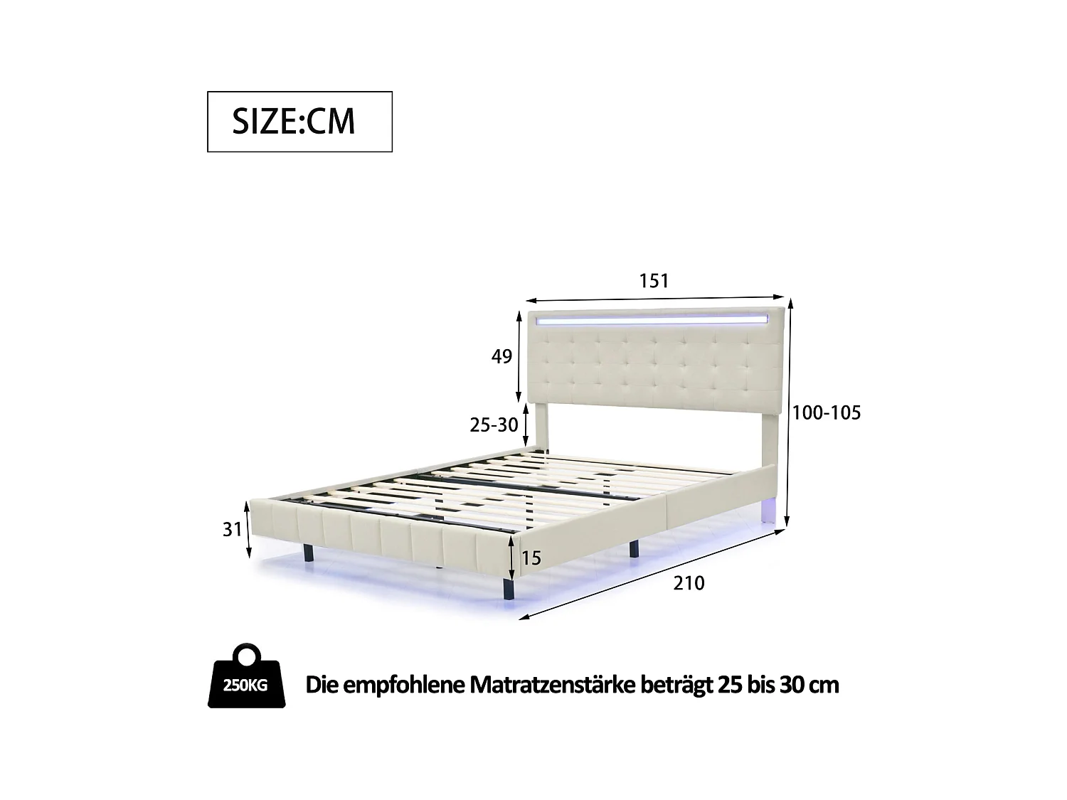 Cama tapizada con lámparas LED para adultos - estructura de cama flotante con somier de láminas y cabecero con 2 puertos USB - beige 140x200cm