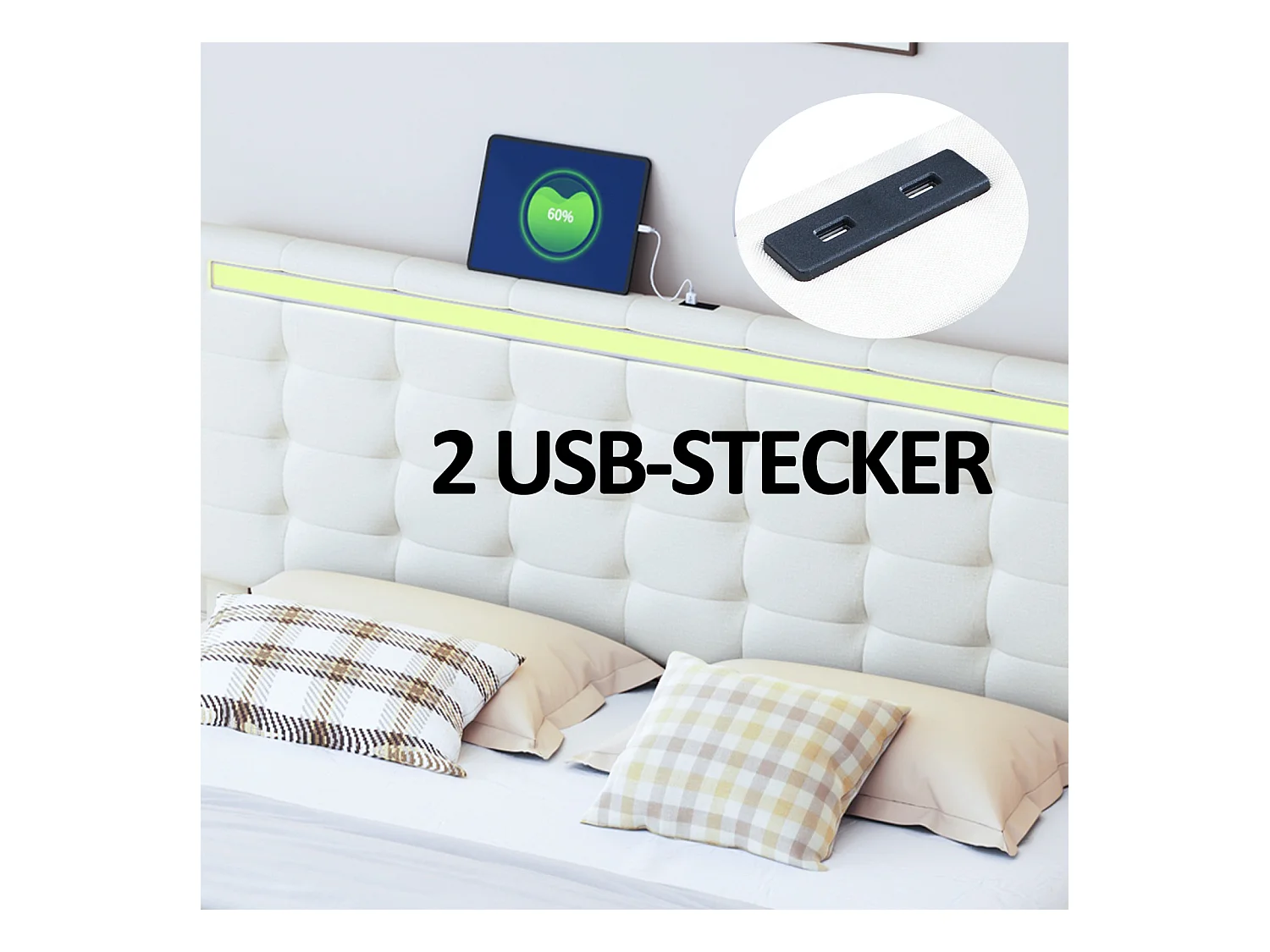 Cama tapizada con lámparas LED para adultos - estructura de cama flotante con somier de láminas y cabecero con 2 puertos USB - beige 140x200cm