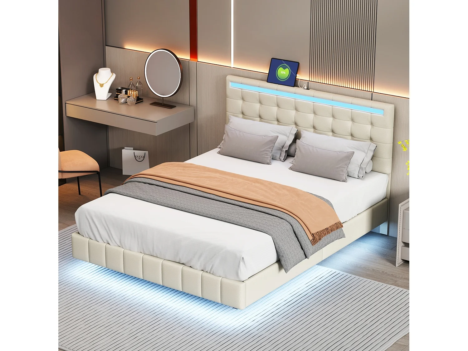 Lit capitonné avec lampes LED pour adulte - cadre de lit flottant avec sommier à lattes et tête de lit avec 2 porte USB - beige 140x200cm