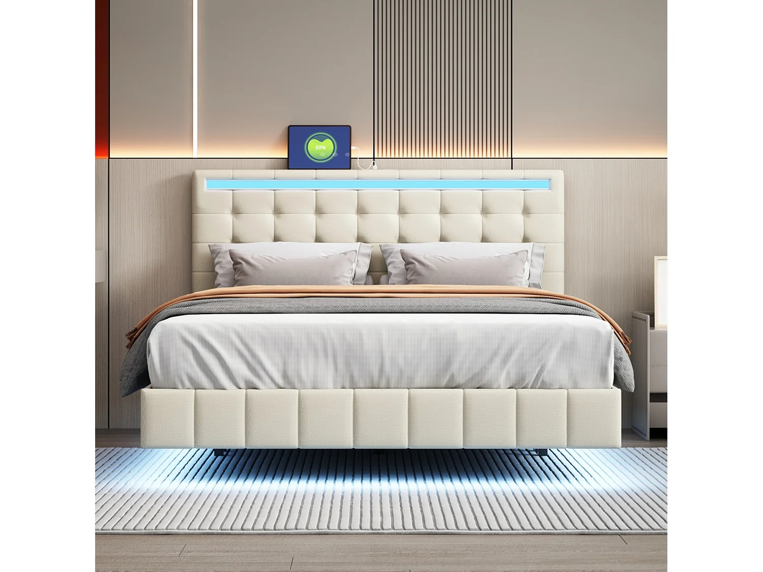 Lit capitonné avec lampes LED pour adulte - cadre de lit flottant avec sommier à lattes et tête de lit avec 2 porte USB - beige 140x200cm