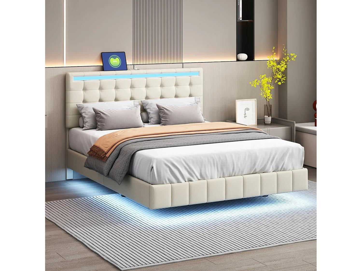 Lit capitonné avec lampes LED pour adulte - cadre de lit flottant avec sommier à lattes et tête de lit avec 2 porte USB - beige 140x200cm