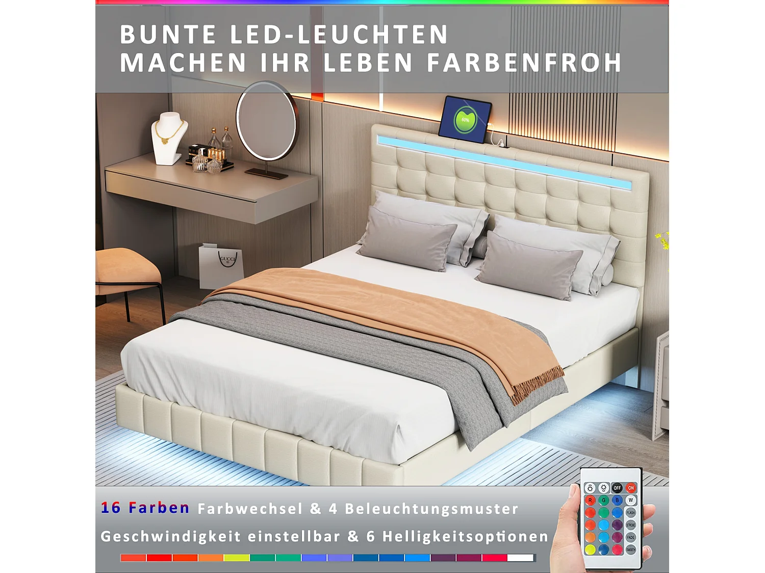 Lit capitonné avec lampes LED pour adulte - cadre de lit flottant avec sommier à lattes et tête de lit avec 2 porte USB - beige 140x200cm