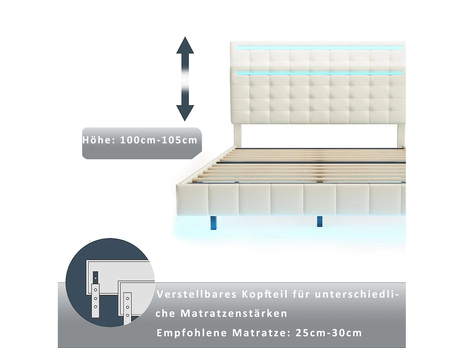 Lit capitonné avec lampes LED pour adulte - cadre de lit flottant avec sommier à lattes et tête de lit avec 2 porte USB - beige 140x200cm