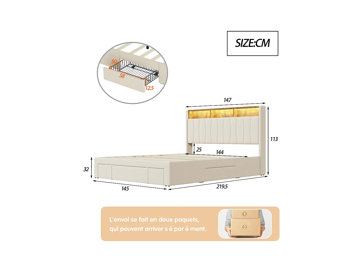 Letto matrimoniale 140x200cm Beige Con 4 cassetti Con LED e USB Testiera apribile