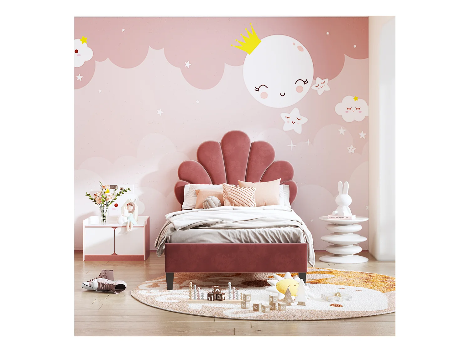 Gepolstertes Einzelbett 90 x 200 cm - blumenförmiges Kopfteil - Lattenrost - Samt - Rot