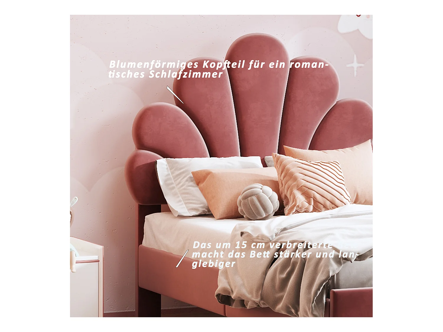 Gepolstertes Einzelbett 90 x 200 cm - blumenförmiges Kopfteil - Lattenrost - Samt - Rot