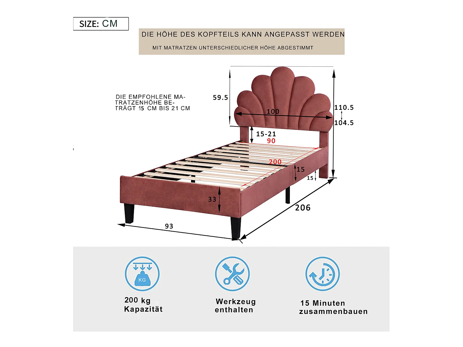 Gepolstertes Einzelbett 90 x 200 cm - blumenförmiges Kopfteil - Lattenrost - Samt - Rot