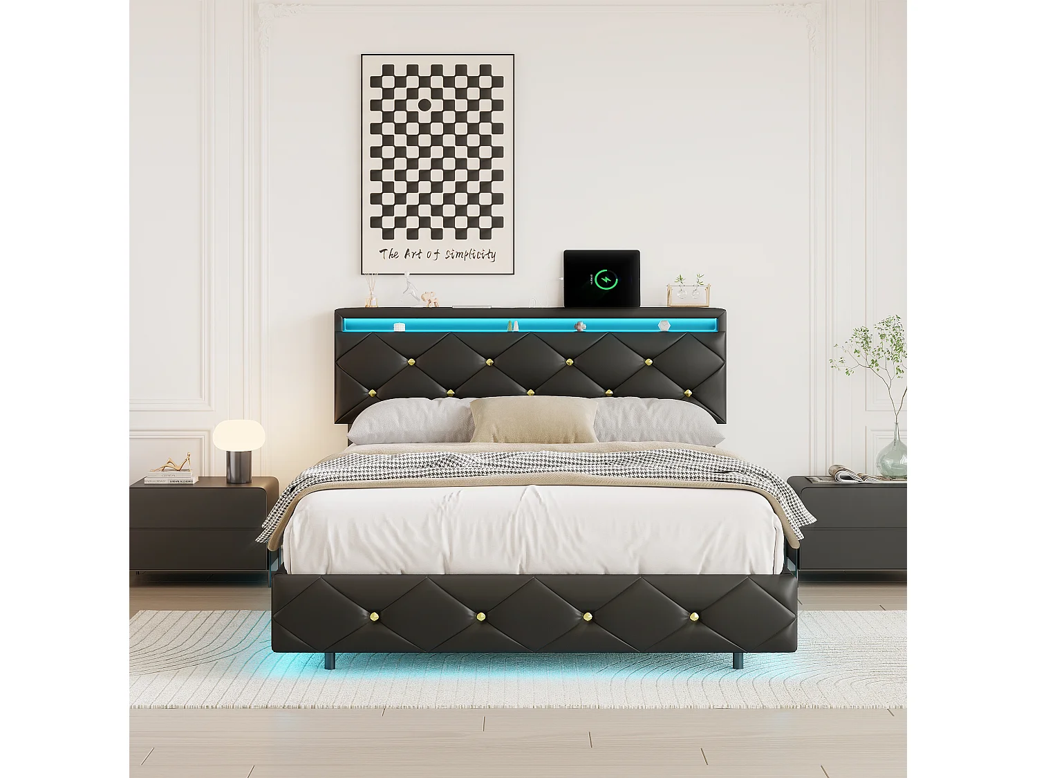 Lit 160x200 cm avec Éclairage LED et Tête de Lit Réglable, Structure Métallique et Revêtement en PU, Design Moderne et Élégant