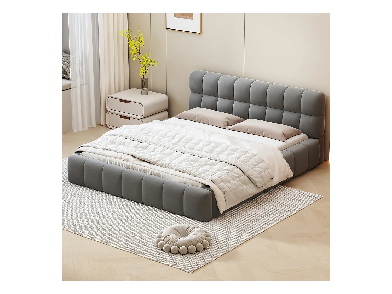 Letto per adulti 140x190cm, letto matrimoniale in lino con schienale morbido, letto piano con struttura imbottita, rete a doghe, testiera, grigio