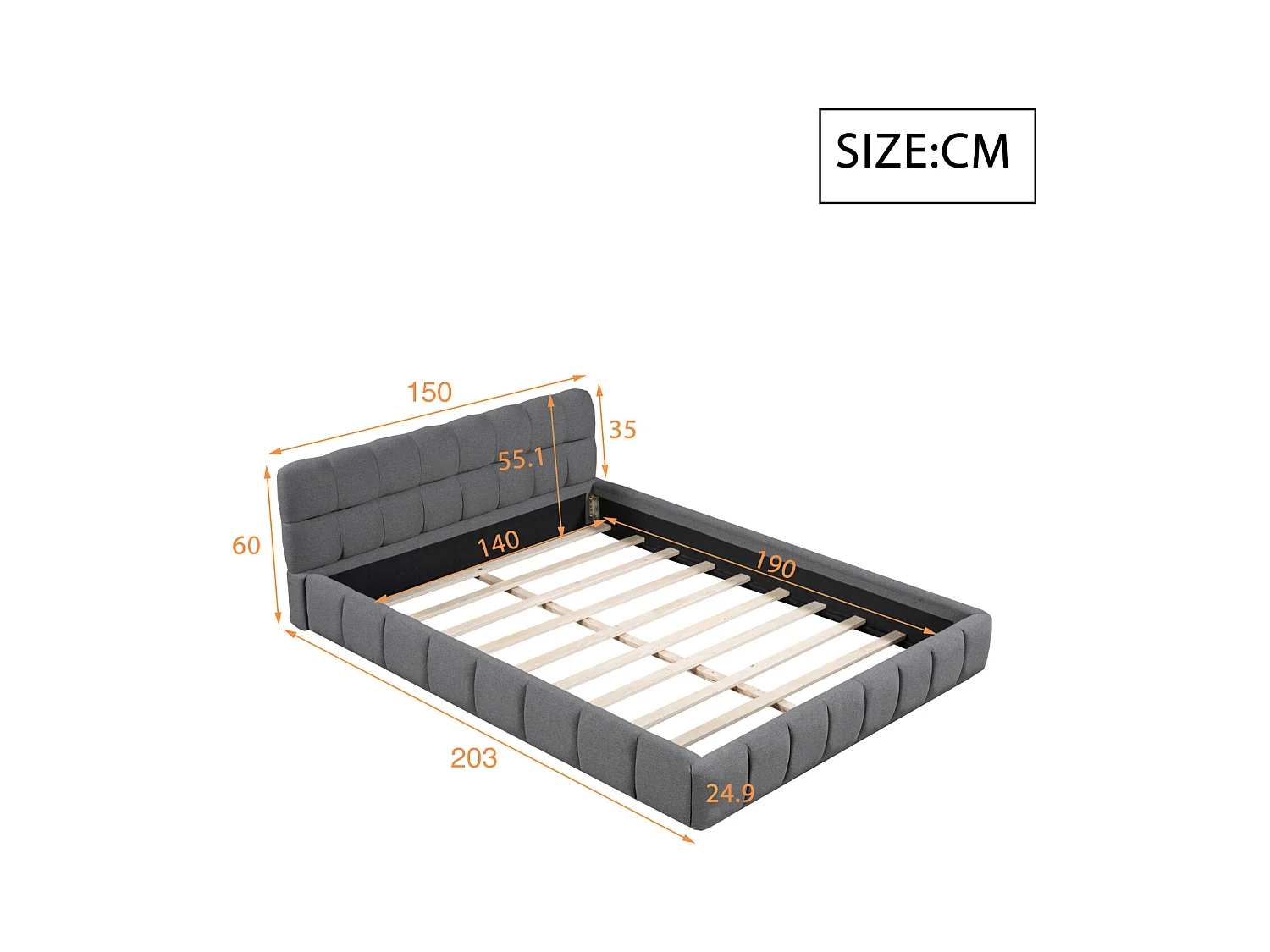 Letto per adulti 140x190cm, letto matrimoniale in lino con schienale morbido, letto piano con struttura imbottita, rete a doghe, testiera, grigio