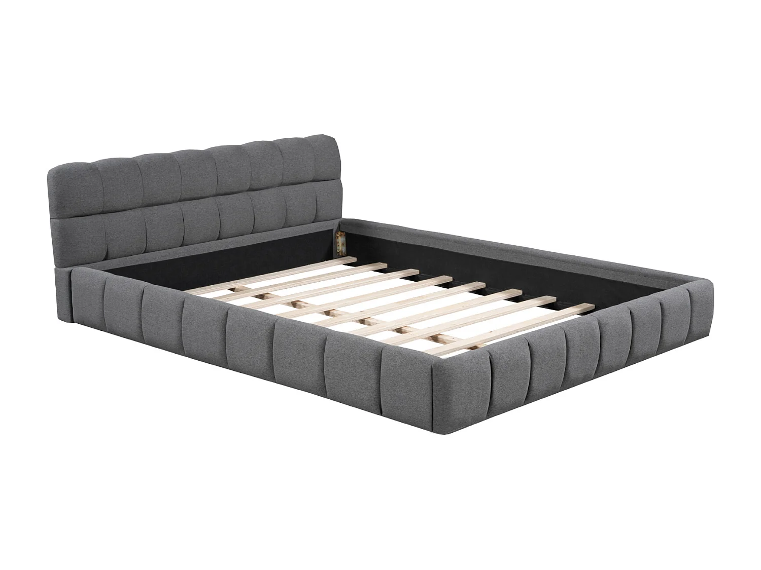 Erwachsenenbett 140x190cm, Doppelbett in Leinen mit weicher Rückenlehne, Flachbett mit gepolstertem Rahmen, Lattenrost, Kopfteil, grau