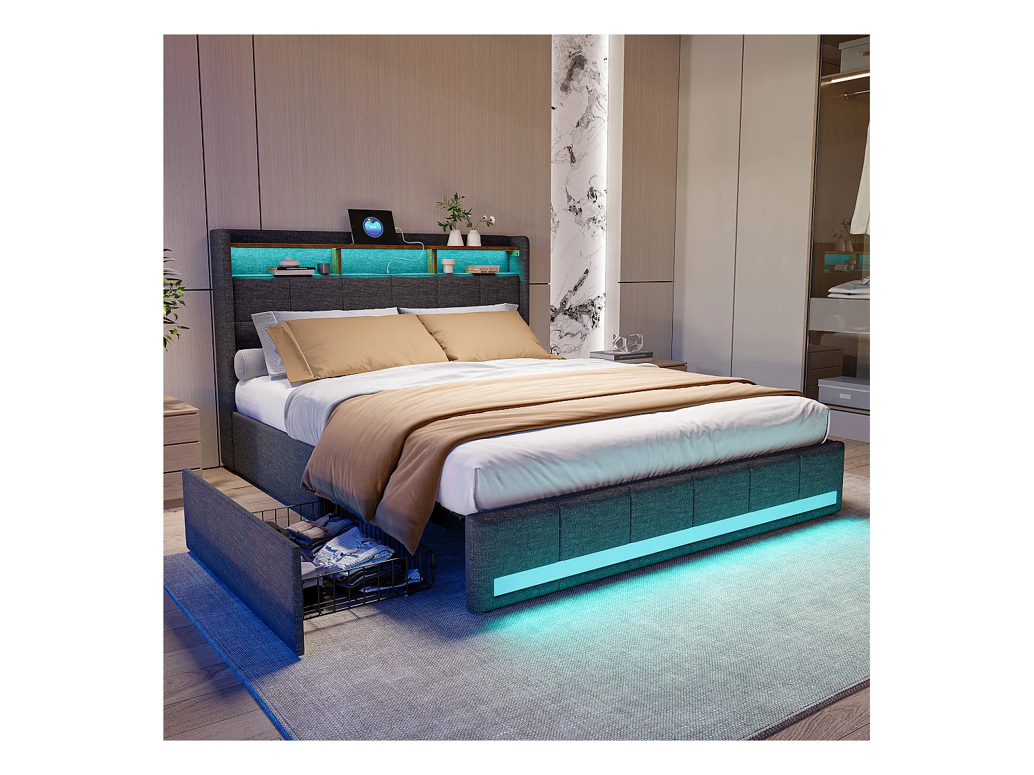 Lit double avec LED RGB, tête de lit avec rangements et ports USB/Type-C, 4 tiroirs de rangement, tissu en lin Gris – 140x200 cm