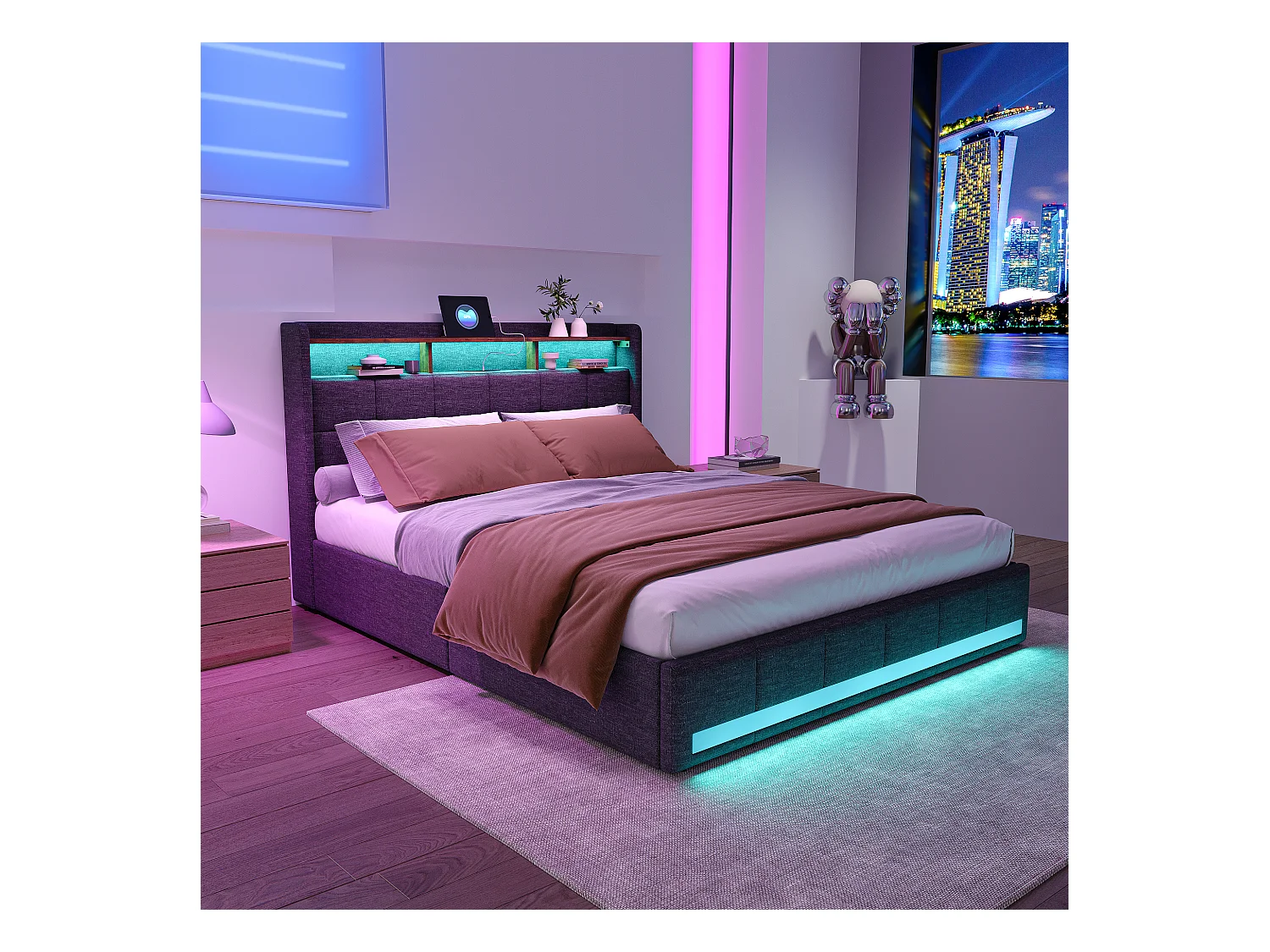 Lit double avec LED RGB, tête de lit avec rangements et ports USB/Type-C, 4 tiroirs de rangement, tissu en lin Gris – 140x200 cm