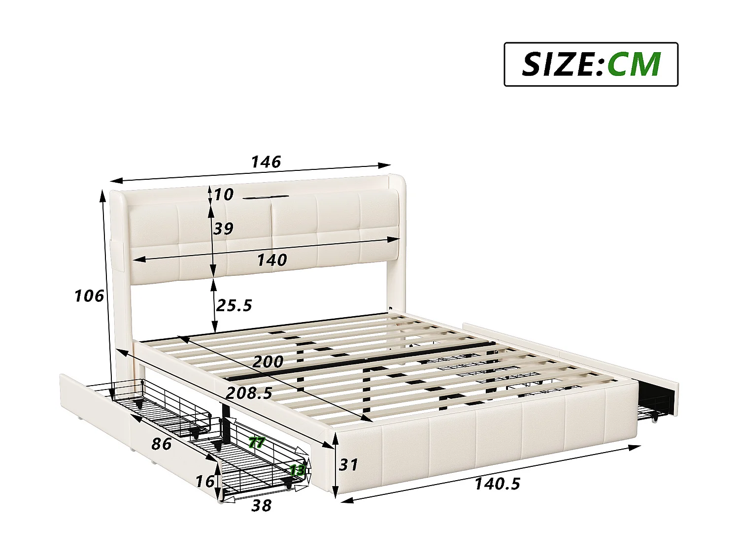 Cama doble 140x200 con 4 cajones, con carga USB, PU, Beige