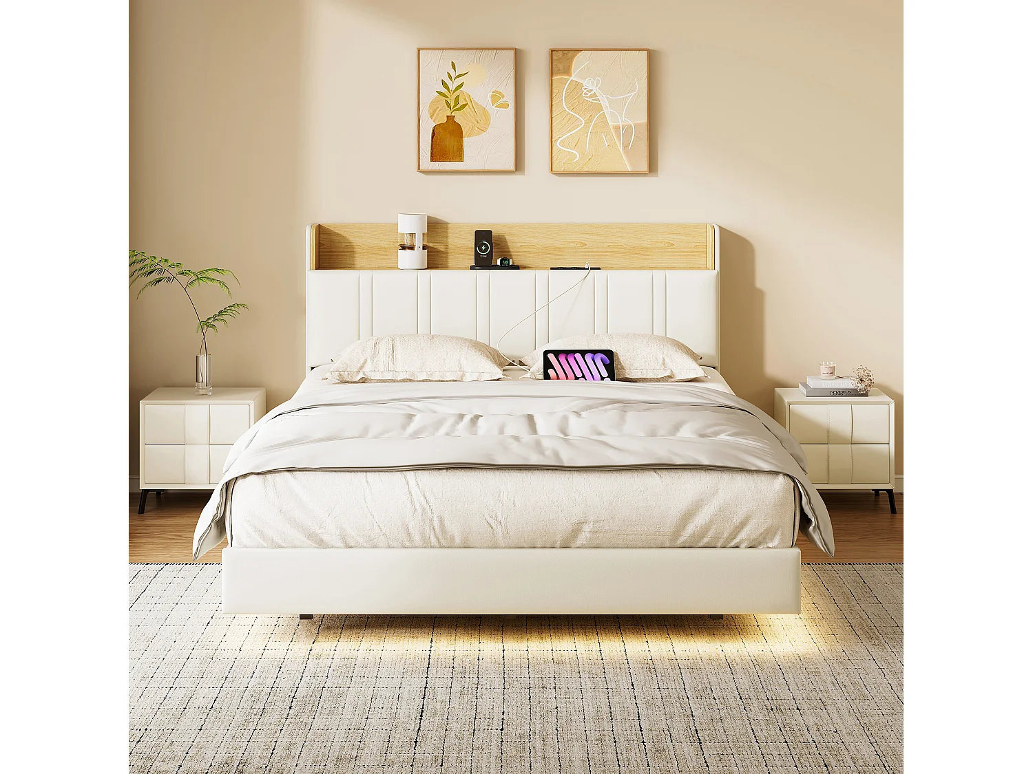 Lit double design suspendu avec rangement, LED multicolores et ports USB – 140x200 cm – Similicuir blanc & chêne clair