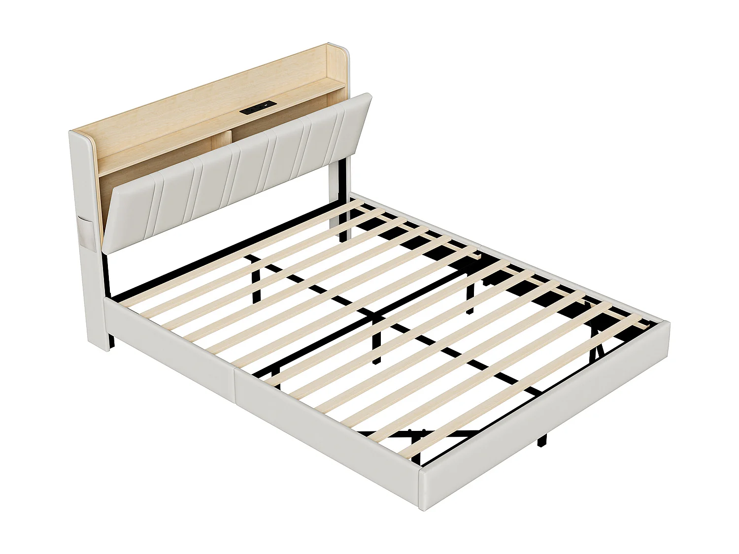 Lit double design suspendu avec rangement, LED multicolores et ports USB – 140x200 cm – Similicuir blanc & chêne clair