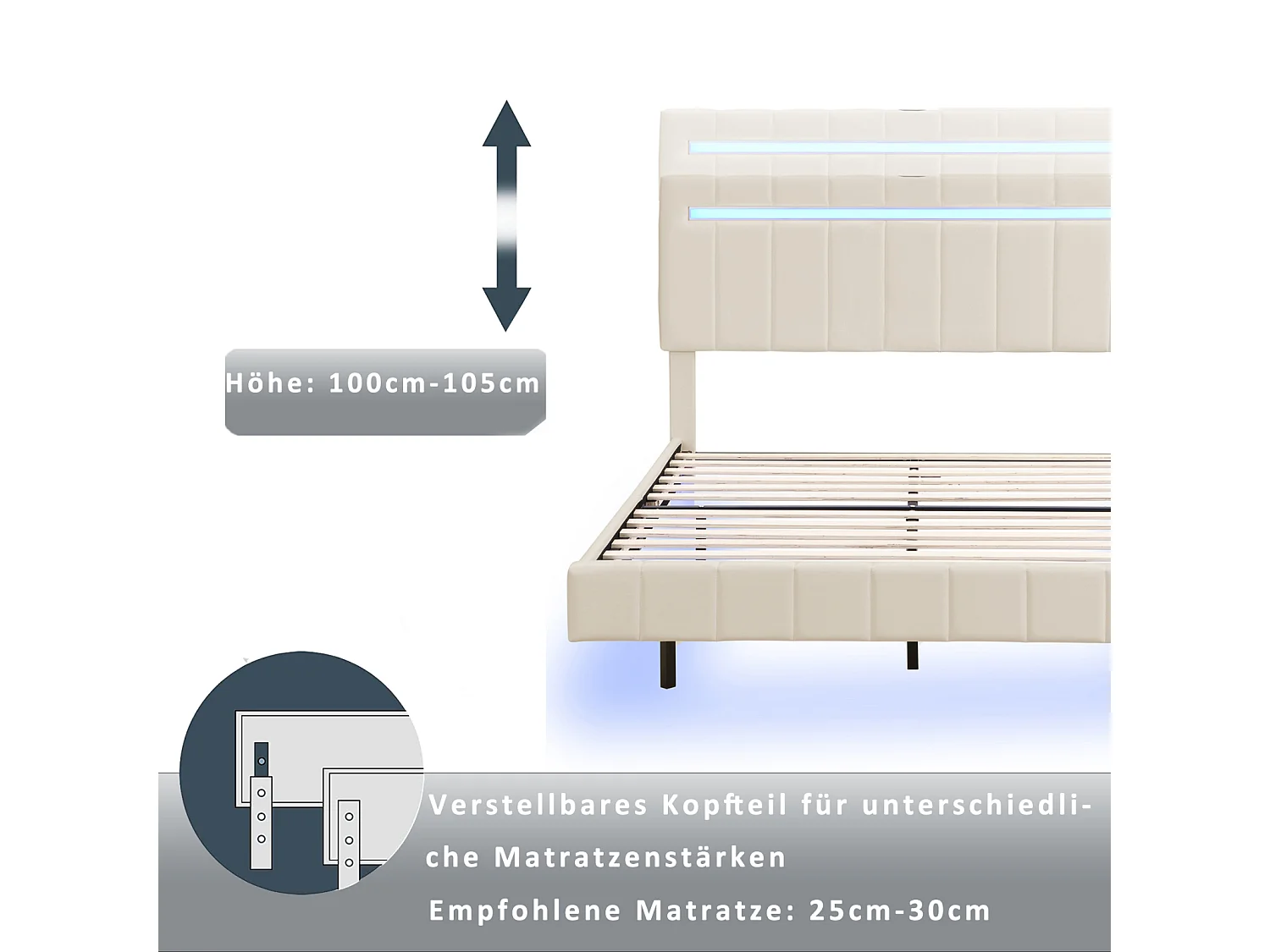 Cama estofada para adulto, estrutura de cama flutuante com lâmpadas LED, cama de casal plana com estrado de ripas e cabeceira LED, bege 160x200cm