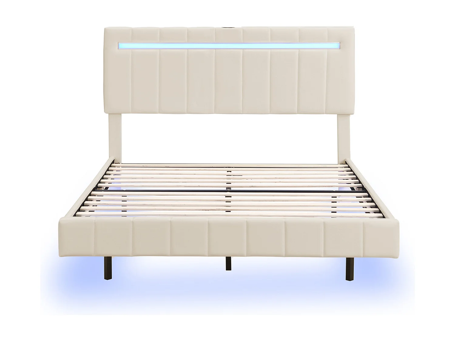 Cama estofada para adulto, estrutura de cama flutuante com lâmpadas LED, cama de casal plana com estrado de ripas e cabeceira LED, bege 160x200cm