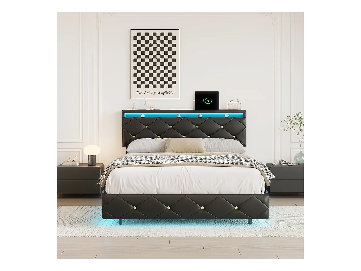 140x200 cm Bett mit LED-Beleuchtung und verstellbarem Kopfteil, Metallstruktur und PU-Bezug, modernes und elegantes Design