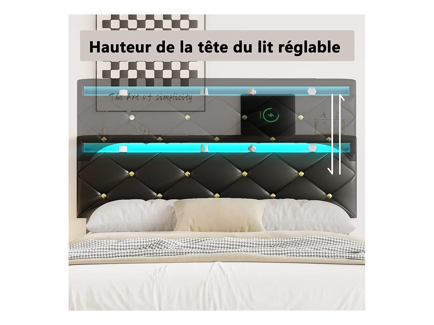 140x200 cm Bett mit LED-Beleuchtung und verstellbarem Kopfteil, Metallstruktur und PU-Bezug, modernes und elegantes Design
