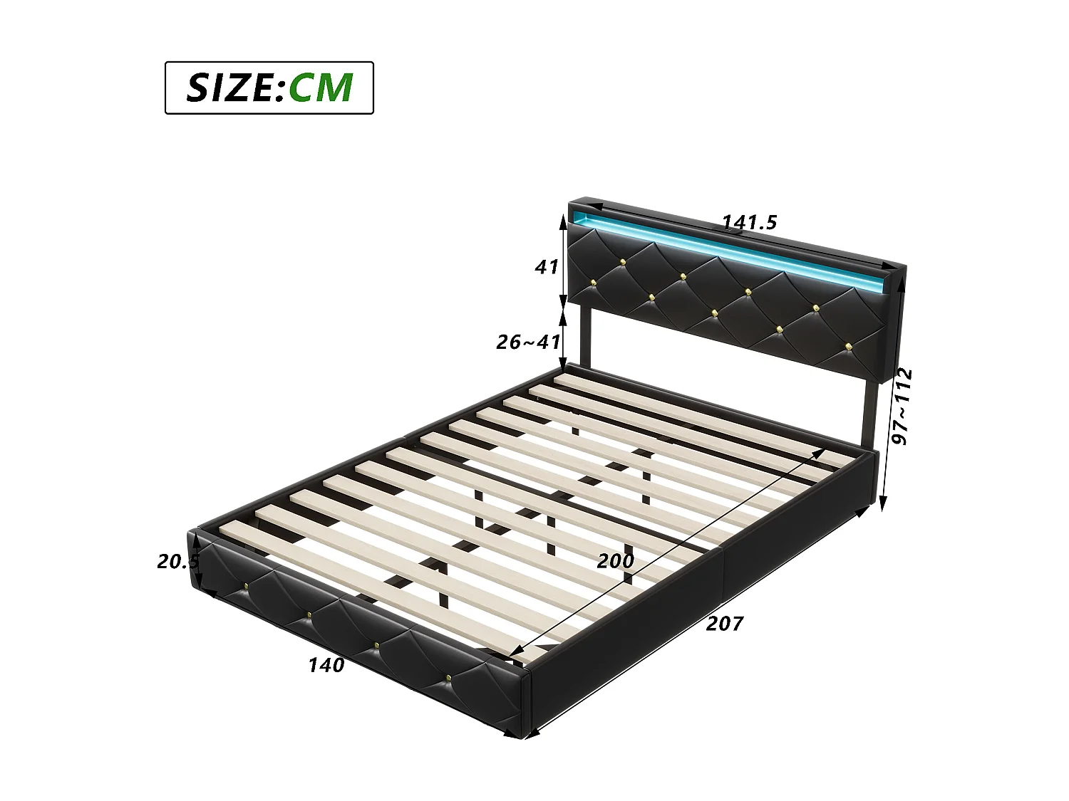 Lit 140x200 cm avec Éclairage LED et Tête de Lit Réglable, Structure Métallique et Revêtement en PU, Design Moderne et Élégant