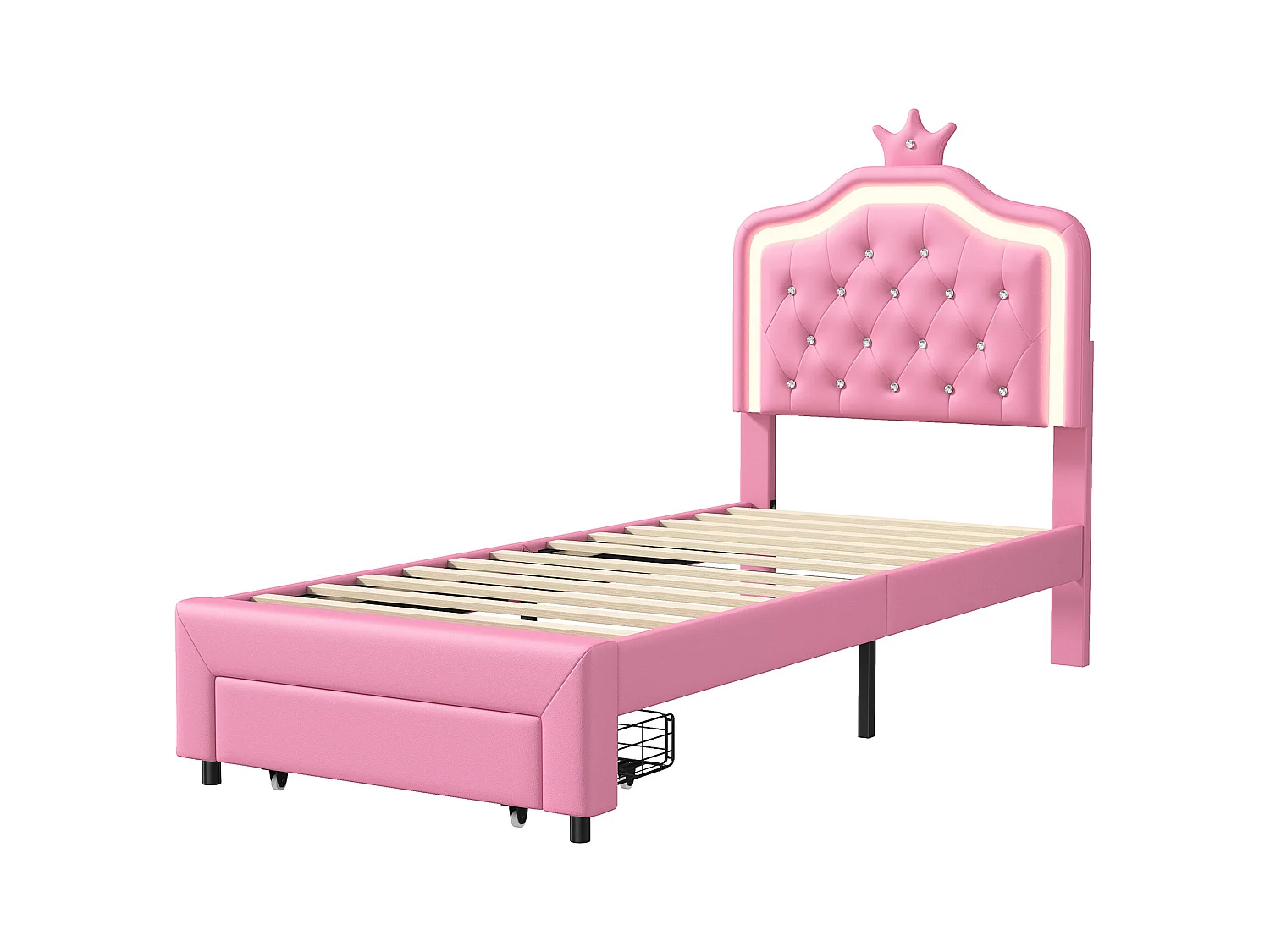 Gestoffeerd bed 90 x 200 cm met 1 lade en LED-verlichting - kroonpatroon - lattenbodem - Roze