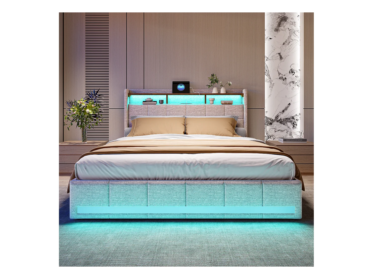 Tweepersoonsbed met RGB LED, hoofdbord met opbergruimte en USB/Type-C-aansluitingen, 4 opberglades, beige linnen stof - 140x190 cm
